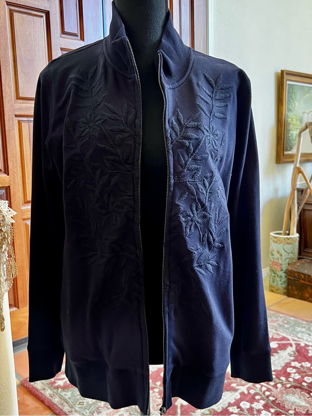 Coldwater Creek Cotton Stretch Embroidered Zip Jogger Jacket Women's Blue M
